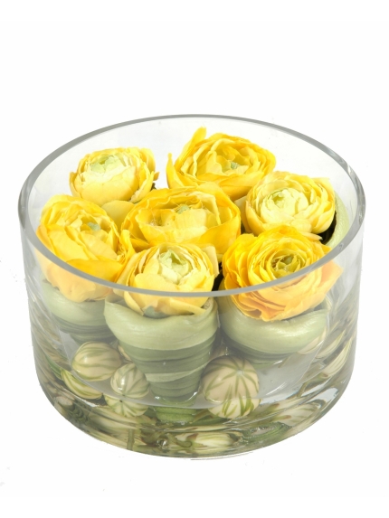 Verrerie avec fleurs renoncules artificielles